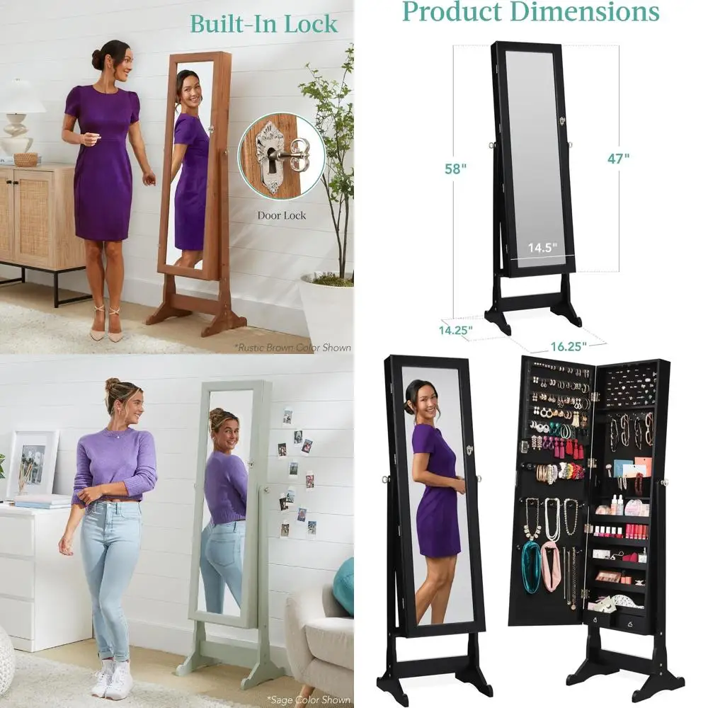 

Черный запираемый шкаф для ювелирных изделий с зеркалом в полный рост, местом для хранения на бархатной подкладке, 3 регулируемыми углами, 5 полками и чехлом для аксессуаров