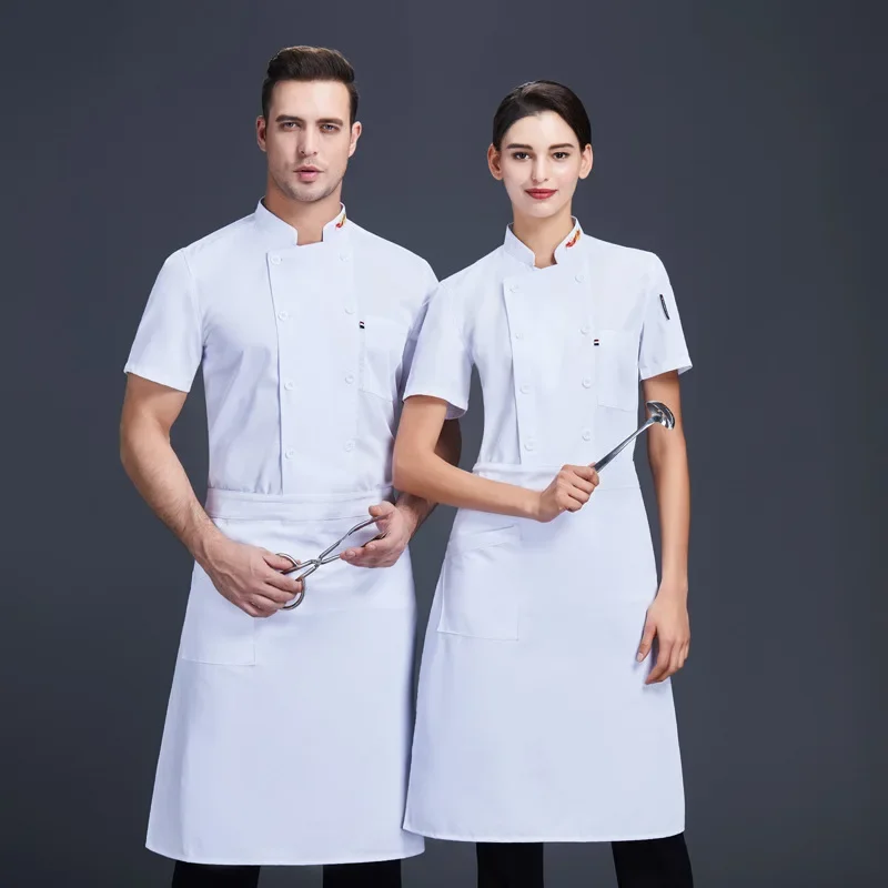 Chemise d'uniforme de chef d'été pour hommes et femmes, veste de cuisine de restaurant de service alimentaire, manteau de cuisinier à manches courtes pour cantine d'hôtel, vêtements de travail