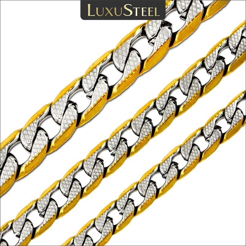 LUXUSTEEL Cuban Chain Necklace for Men Women Gold Plated Mixed Silver Color Stainless Steel Pattern Curb Link Chain Male Collar