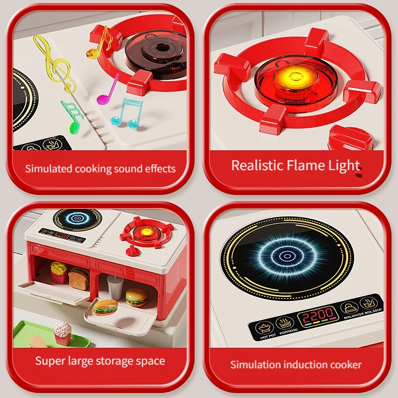 children's puzzle cooking toys, including food/fruit/vegetables/kitchenware/tableware, stove, simulated light spray.