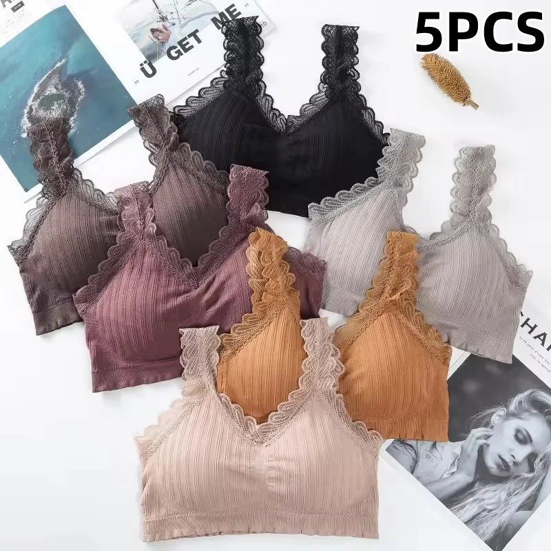 5PCS Sexy Lace Seamless Hot Lady Underwear Wrapped Chest Wireless Women Backless Sports Bras for Fitness Yoga Running