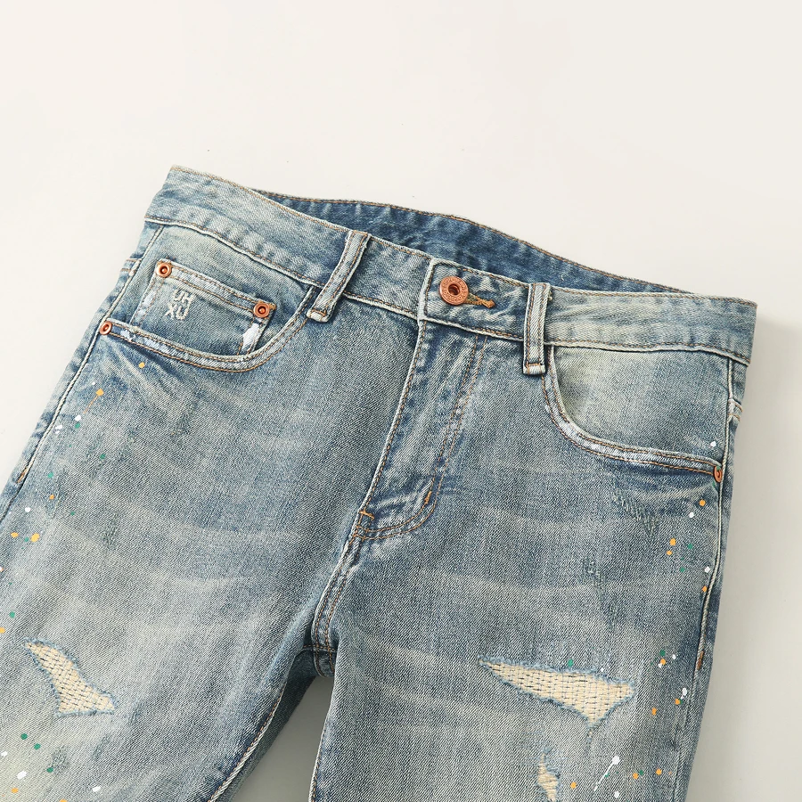 Street Designer Fashion Men Jeans High Quality Retro Washed Stretch Slim Fit Painted Ripped Jeans Men Vintage Y2K Denim Pants