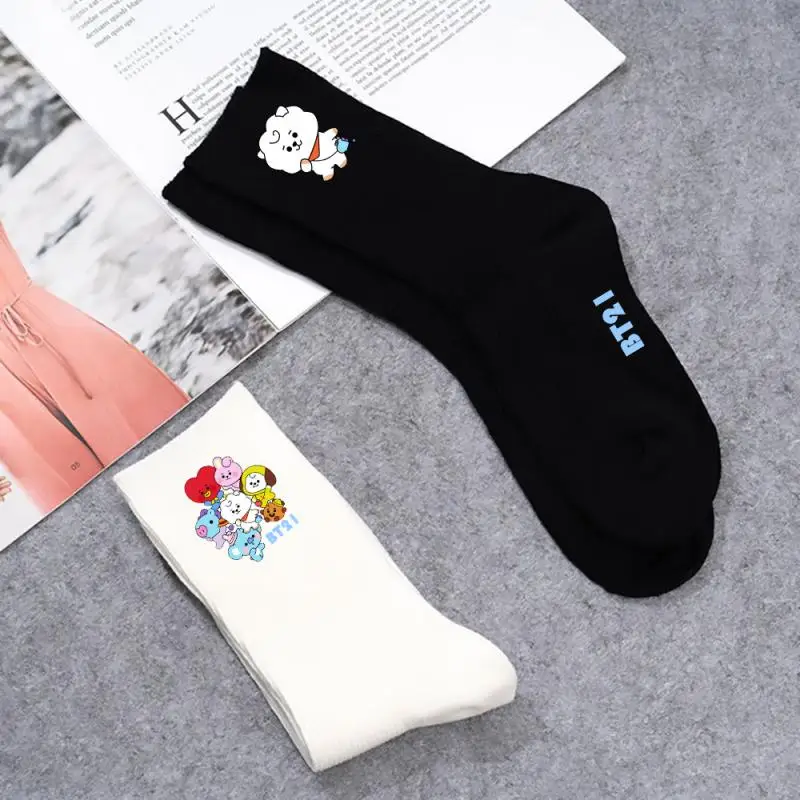 3 Pairs Anime Cartoon Bt21 Tata Cooky Chimmy Cotton Socks Y2K Fashion Casual Printed Sports Socks Students Warm Socks Gifs