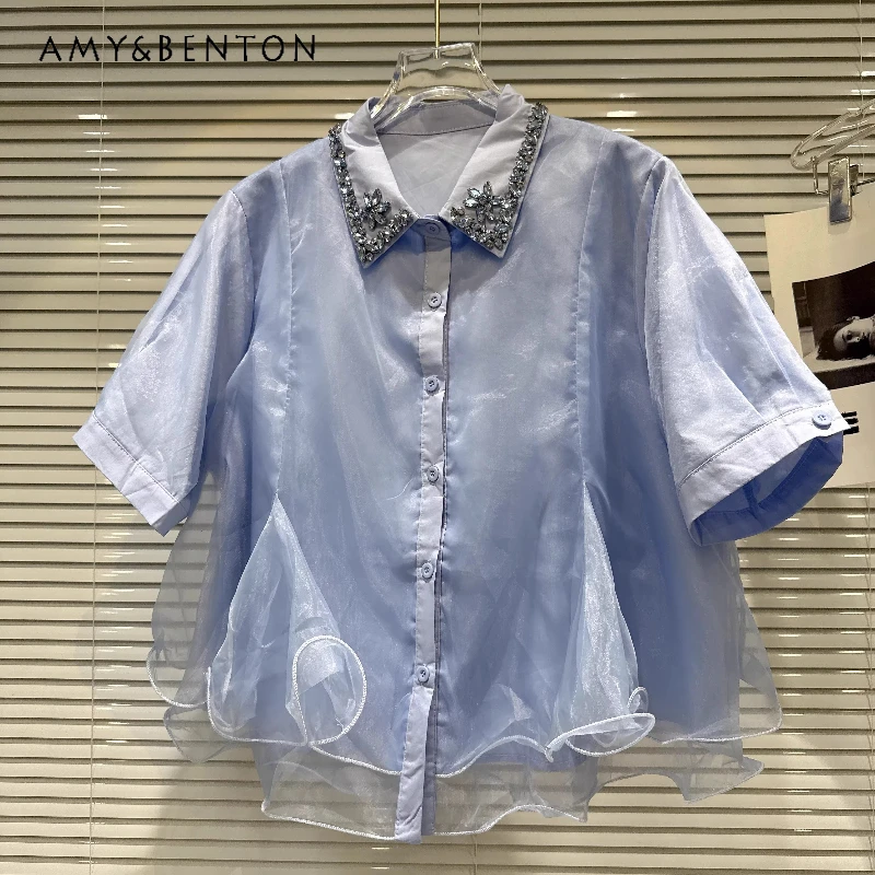 

Heavy Industry Trendy Hot Nailed Diamond Collar Edge Women's Shirt 2026 Summer New Vintage Design Loose Versatile Shirts Ladies