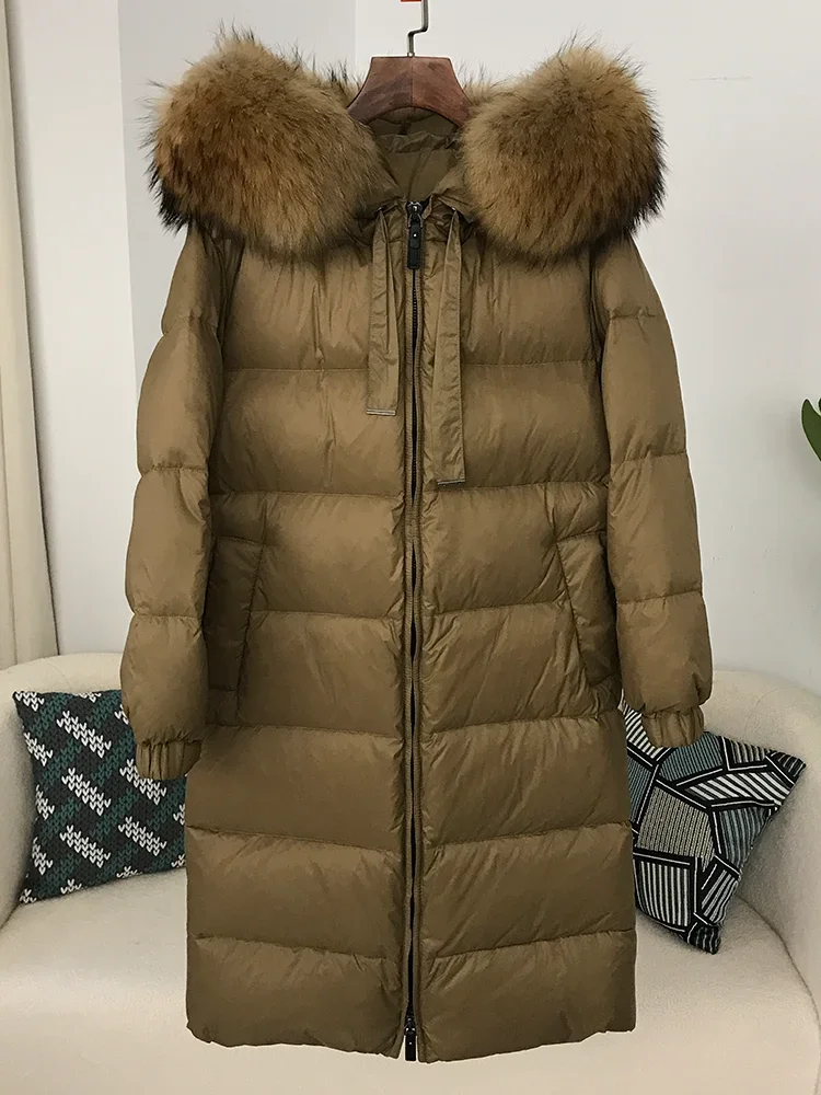 2025 المرأة الأبيض بطة أسفل الإناث معطف دافئ سميك ريال الراكون الثعلب الفراء طوق مقنعين سترة طويلة Winte ملابس خارجية فاخرة