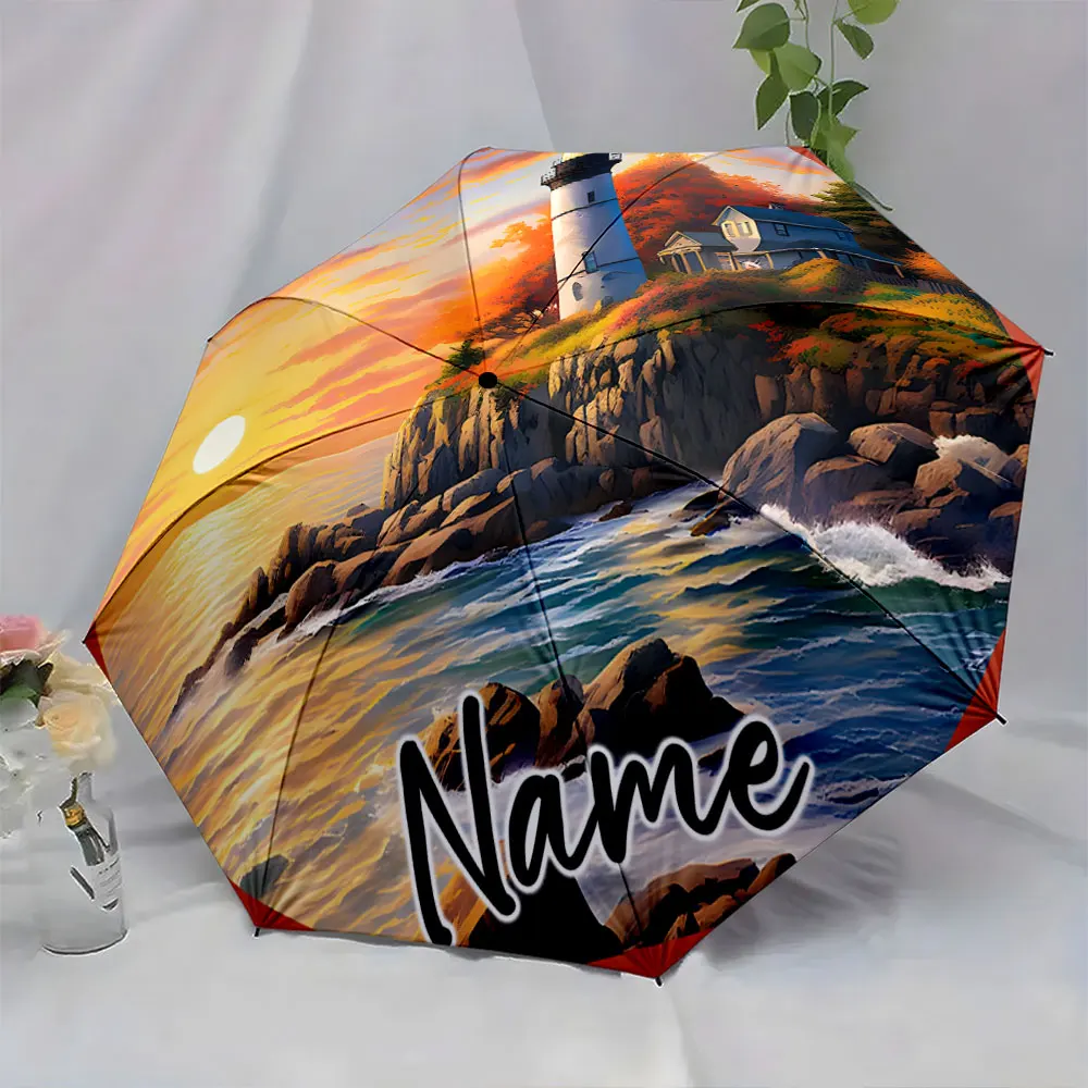 Custom Name Lighthouse and Sunset Scene on Umbrella Print 8 Iron Ribs Folding Umbrella, Auto-Open Fashion Sunshade