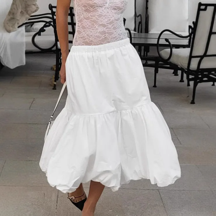 프렌치 스타일 우아한 화이트 튤립 스커트, 2025 여름 신상, 하이웨이스트 미디길이 A라인 스커트