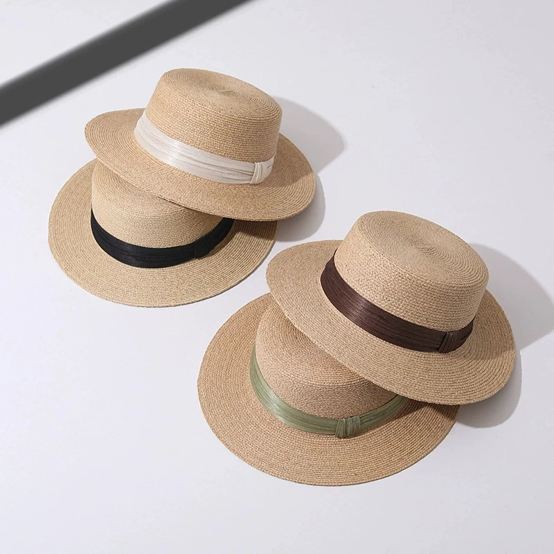 Light Luxury Natural Raffia Flat Top Linen Strap Straw Hat for Women Summer Sun Protection Vacation Shading Straw Caps