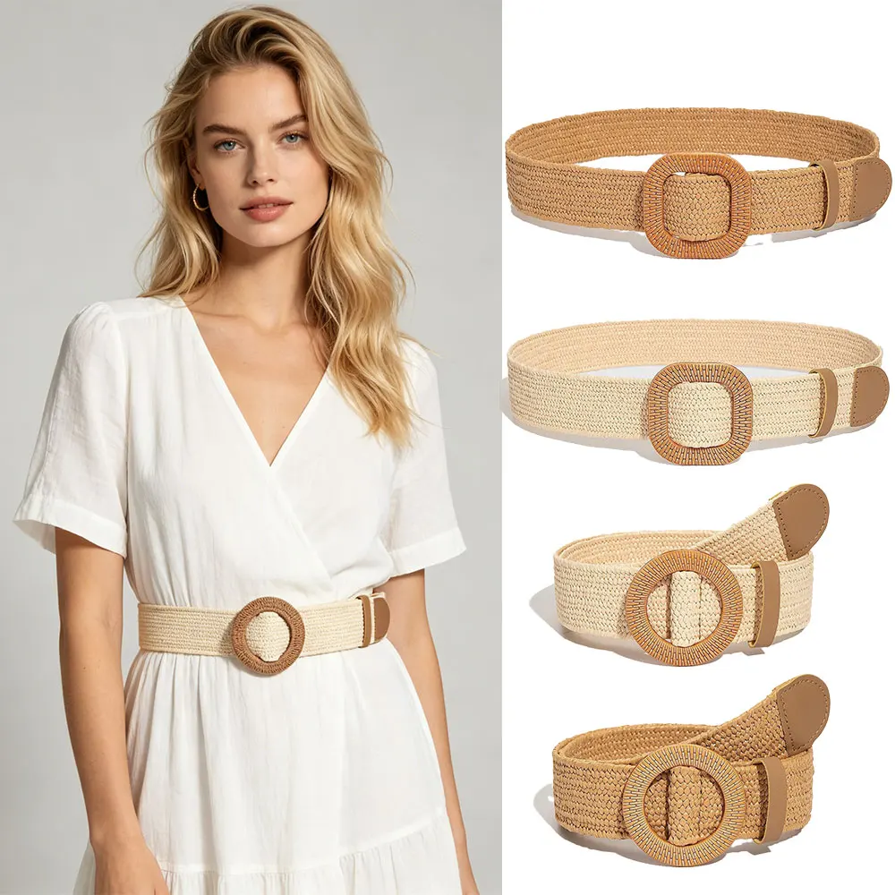 New Cotton-Linen-PP Grass Woven Belt, Korean-Style Round & Square Buckle Decorative Waist Belt for Dresses & Long Tops