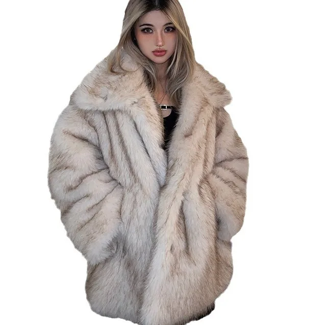 سترة نسائية من فرو المنك فضفاضة دافئة معطف فرو صناعي للسيدات فاخر شتوي صديق للبيئة ملابس خارجية كبيرة الحجم بجيوب وياقة على شكل طية صدر السترة باللون البيج #3