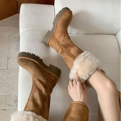 

Winter Women Brown Black Suede Round Toe 6 CM Chunky Heels Belt Buckle Wool Fur Warming Knee High Heel Snow Boots Long Botas
