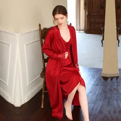 Fdfklak Silk Dressing Gown For Women's 2 Piece Set Nighty For Ladies Sexy Lingerie Summer New Nightwear Soft Bathrobe