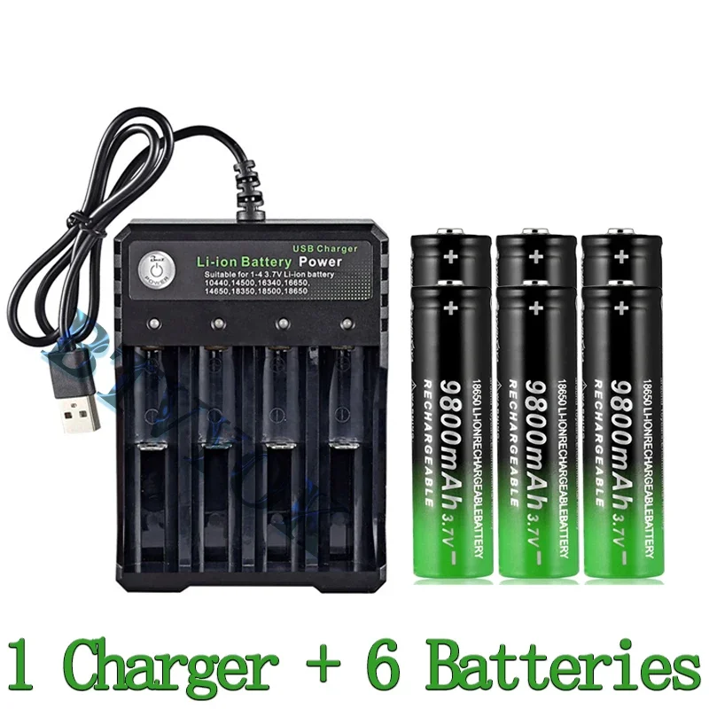 

3.7V Li-Ion 9800mAh Large Capacity Rechargeable 18650 Battery for LED Torch + 4 Slot Smart Charging USB Charger