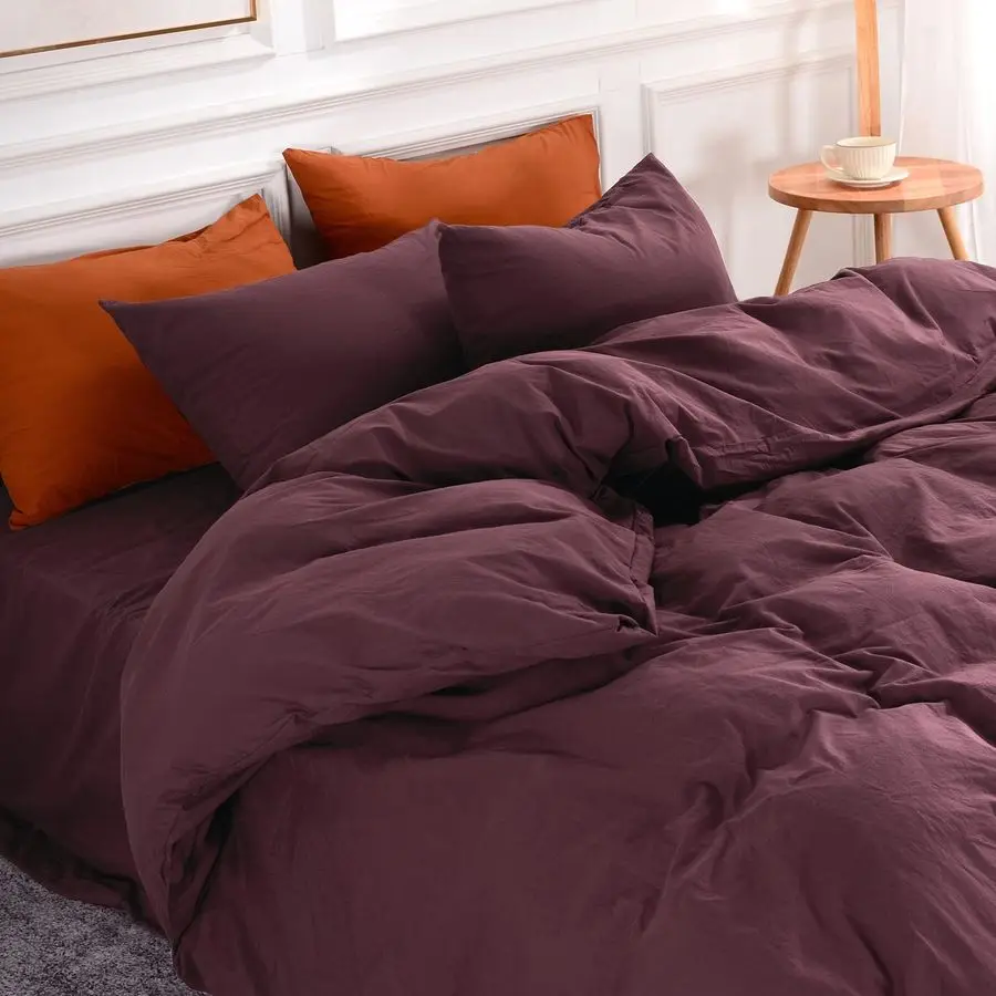 

Duvet Cover Set Queen Size Linen Look Textured 100 Washed Cotton Duvet Cover Burgundy Dark Red 3 Pieces Bedding Set with Zipper