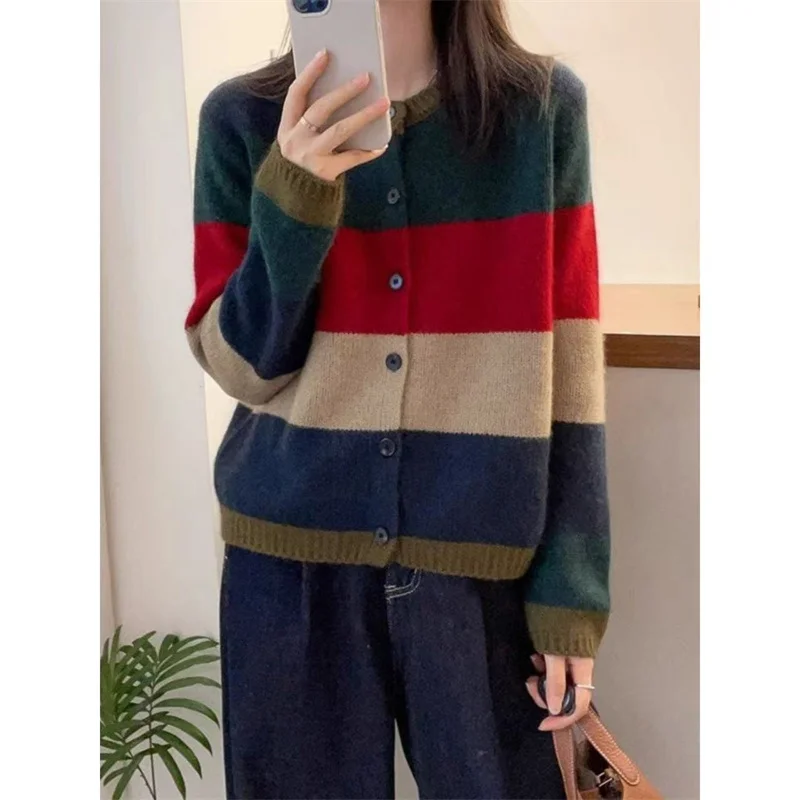 Women Knitted Sweater Jacket 2026 Female Autumn Wint Erstriped Slim Slimming Fashion Simple Contrast Color Zipper Cardigan A792