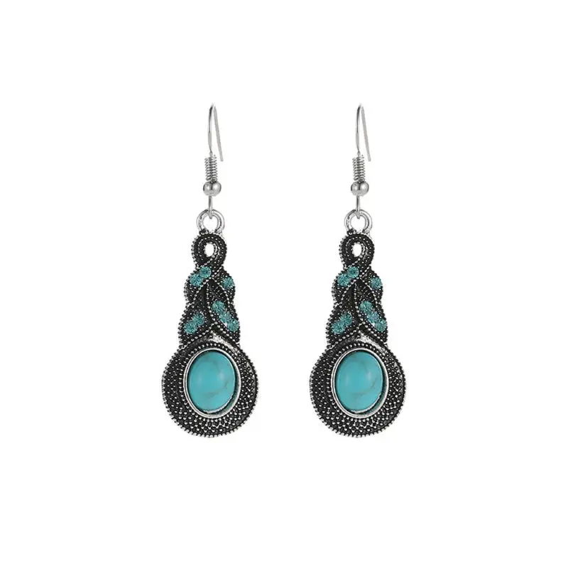 Women Tibetan Silver Turquoise Earrings Necklace Blue Stone Jewelry Decor Gift