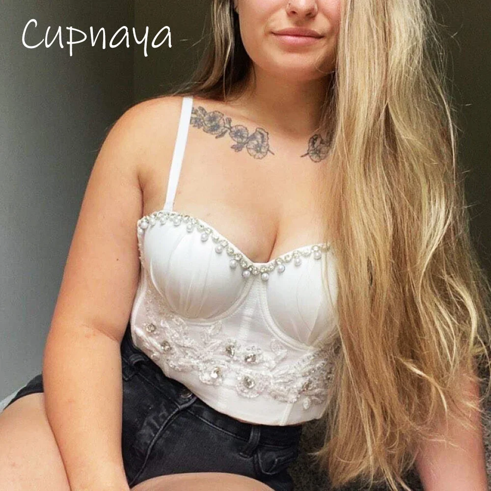 

Cupnaya Glitter Crystal Elegant Women Bustier Short Corset Summer Gothic Crop Tops Inner Cami for Valentine's Day Black White