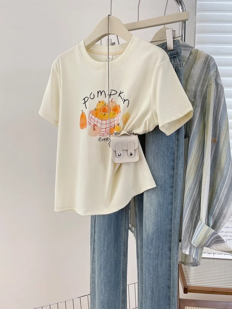 Summer New Style Simple Print T-Shirt Women's round Neck Short Sleeve Top Trendy Match All Cotton Lycra Elastic Fiber Ball Re...