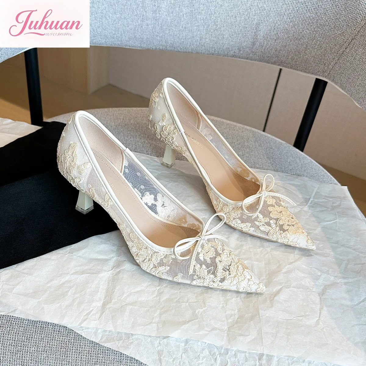 

Модные универсальные французские темпераментные кружевные туфли на высоком каблуке с острым носком, женская весенняя сетчатая обувь на шпильке с бантом, банкетная женская обувь, свадебная обувь
