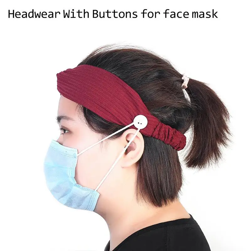 Women Men Plain Turban Headbands Elastic Hair Band With Buttons For Mouth Mask Holder Adults Hairband Face Mask Fixed Extended image 2