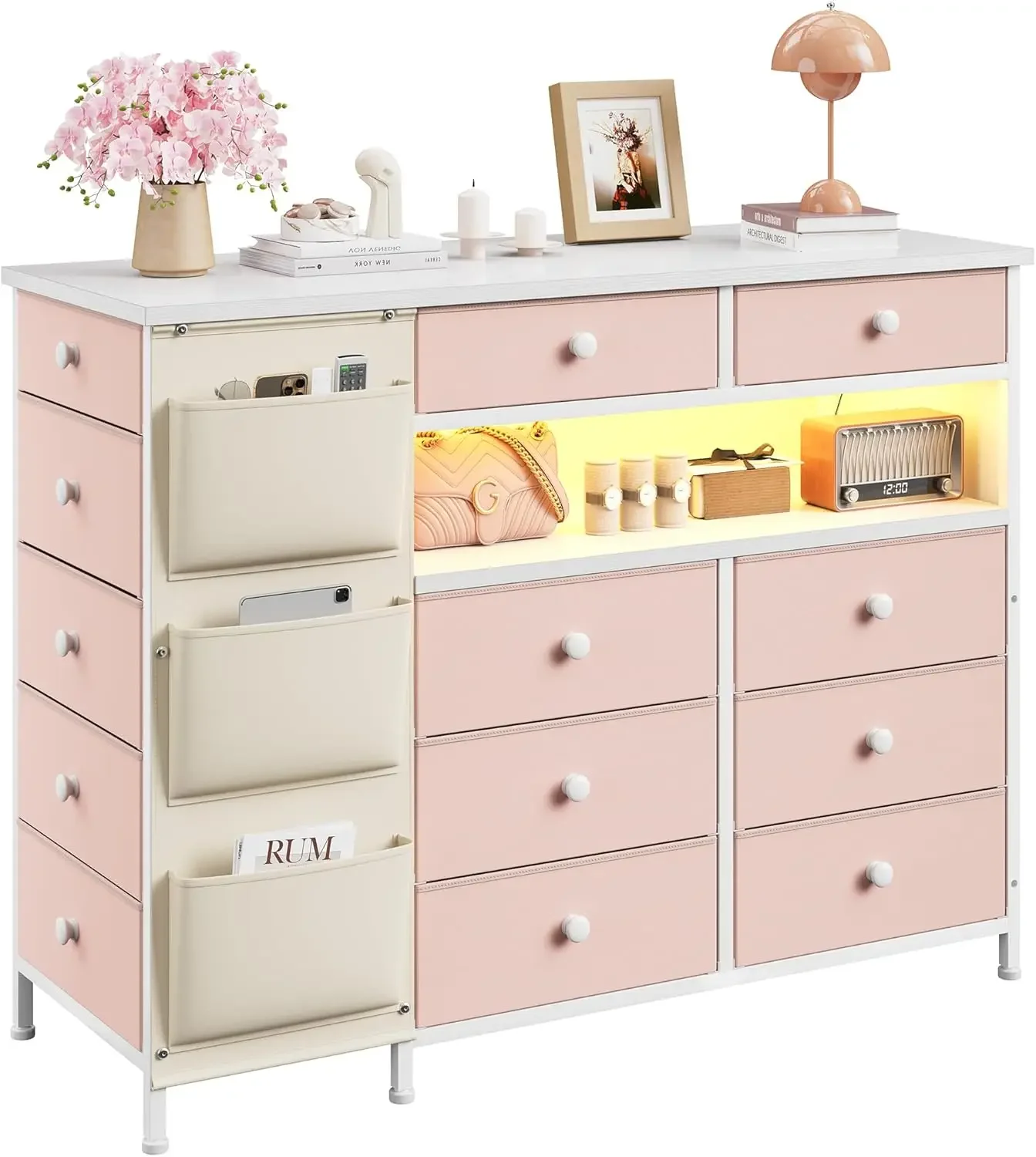 EnHomee13 Drawers Dresser for Bedroom with and Charging Station, Long Drawers Dresser, Pink Dressers & Chests of Drawers