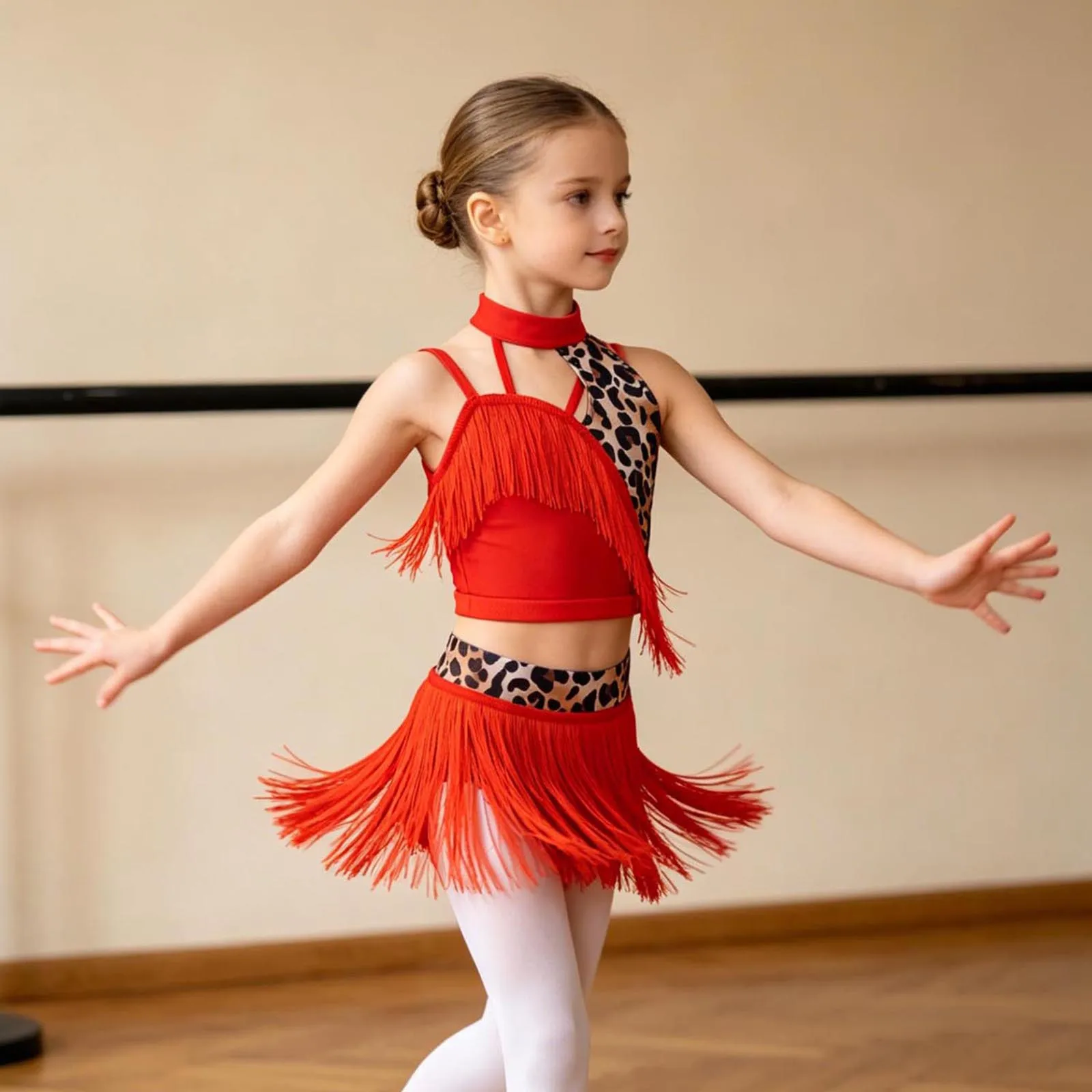 Kids Girls Tassels Latin Dance Costume Tango Cha-cha Salsa Samba Ballroom Outfit Cutout Printed Crop Top Vest with Fringed Skirt