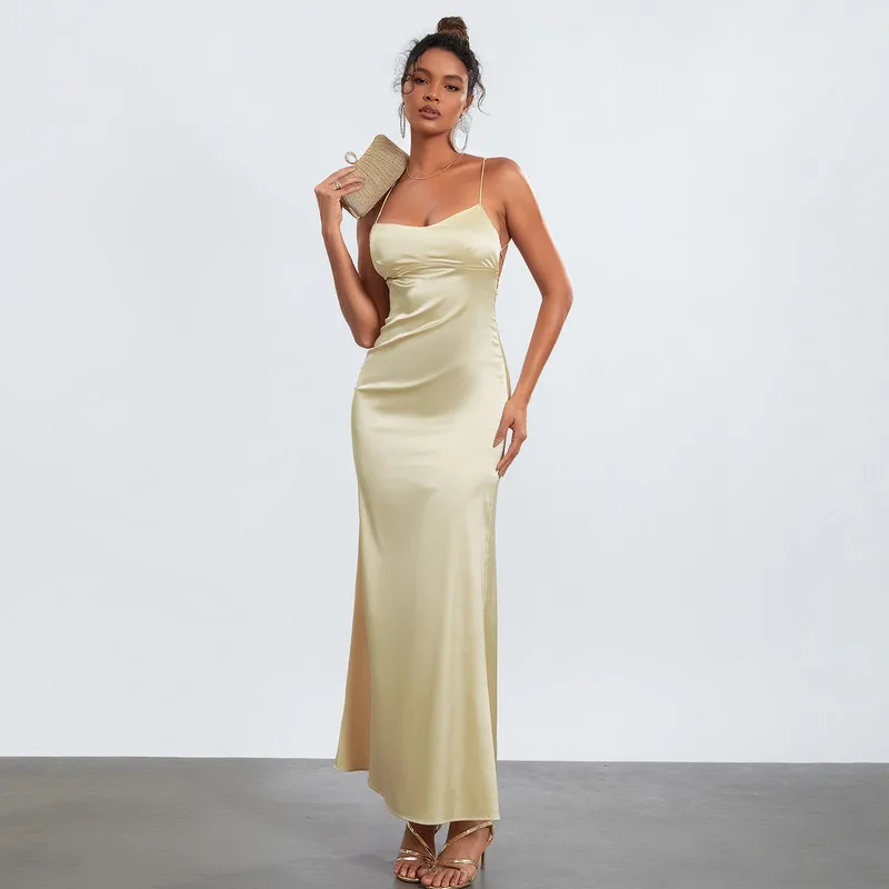 Wpnaks Frauen Long Slip Kleid Abend party Sommerkleid ung schick und elegant einfarbig ärmelloses, rücken freies, schlankes Kleid