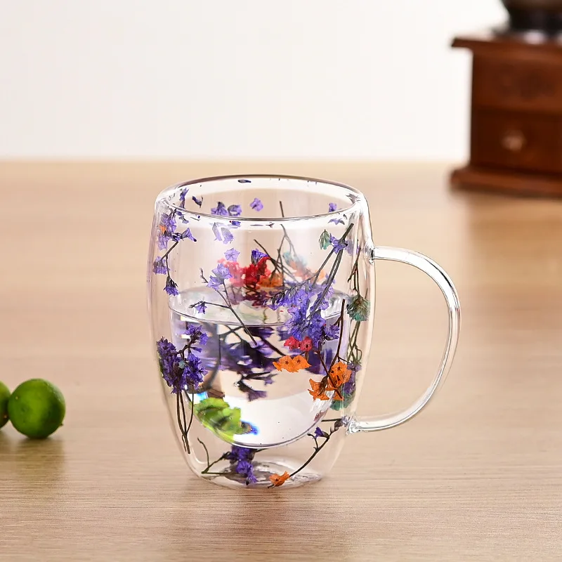 Dried Flower Double Wall Clear Glass Coffee Mugs Double Insulated Glass Cup For Hot Cold Beverages Cappuccino Latte Espresso Cup