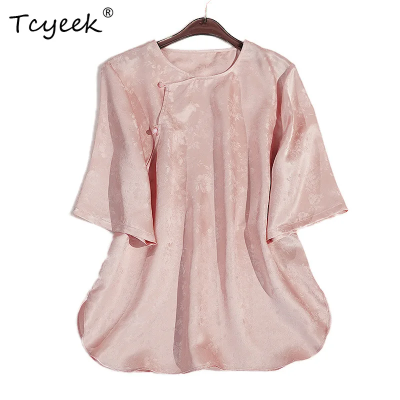 

Tcyeek, 22MM 100%Real Silk Elegant T-Shirt, Women Short Sleeve Jacquard, Retro Commute Blouses, 2024 Summer Autumn T478120QC