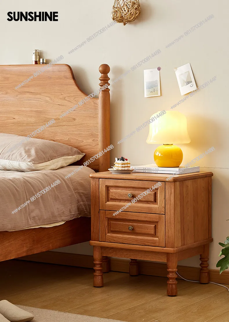North American cherry wood bedside table vintage simple copper handle solid wood side cabinet