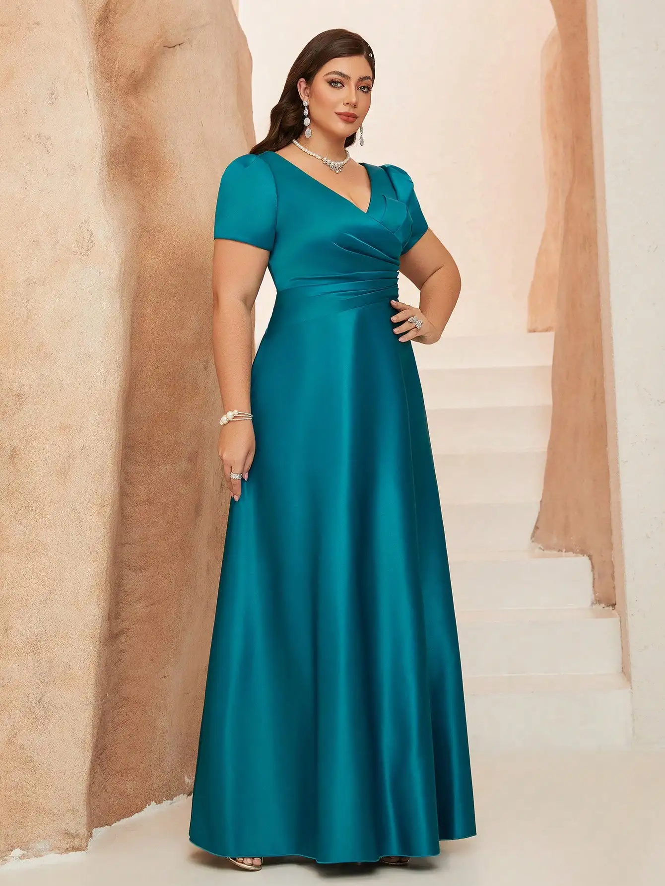 Mgiacy New Arrival V neck  Solid Color Bridesmaid Dress Ruched Puff sleeve Satin Long dress