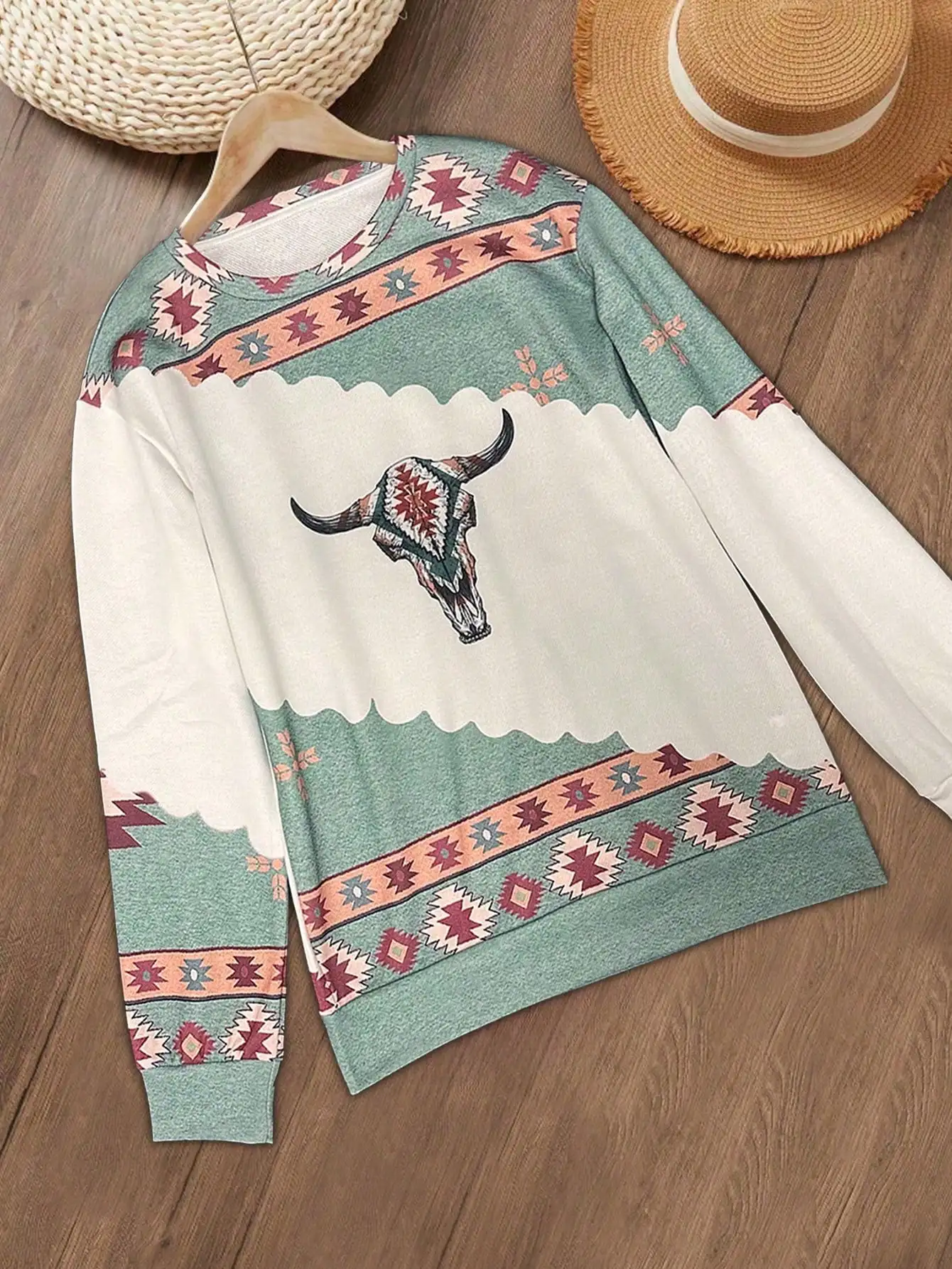 سويت شيرت نسائي مطبوع على الطراز العرقي الغربي مقاس كبير، سويت شيرت كاجوال مطبوع بتصميم عتيق، قميص نسائي