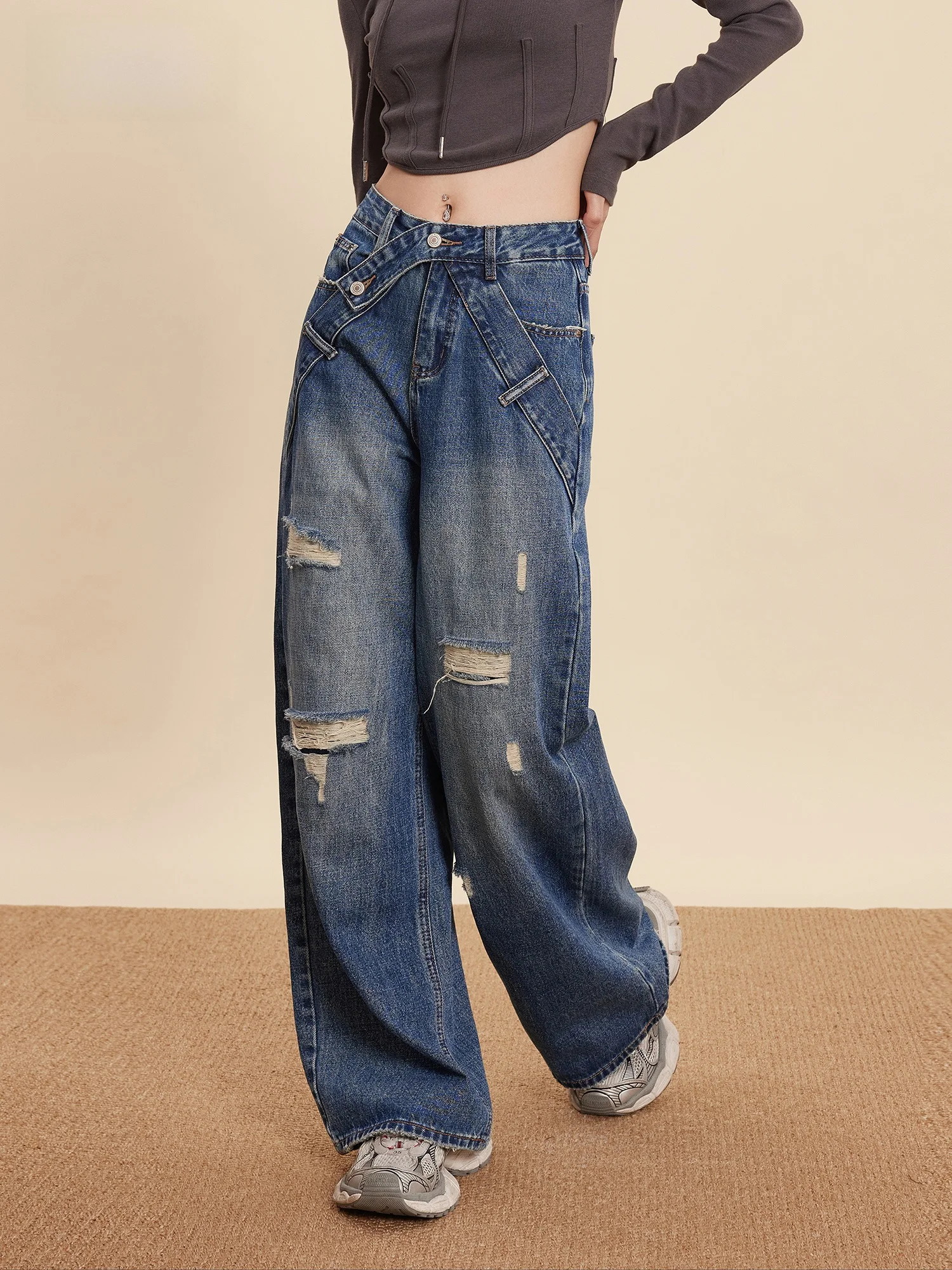 

Американские свободные прямые джинсы для женщин, весенние широкие брюки, утягивающие, в стиле High Street, с имитацией дыр, прямые брюки