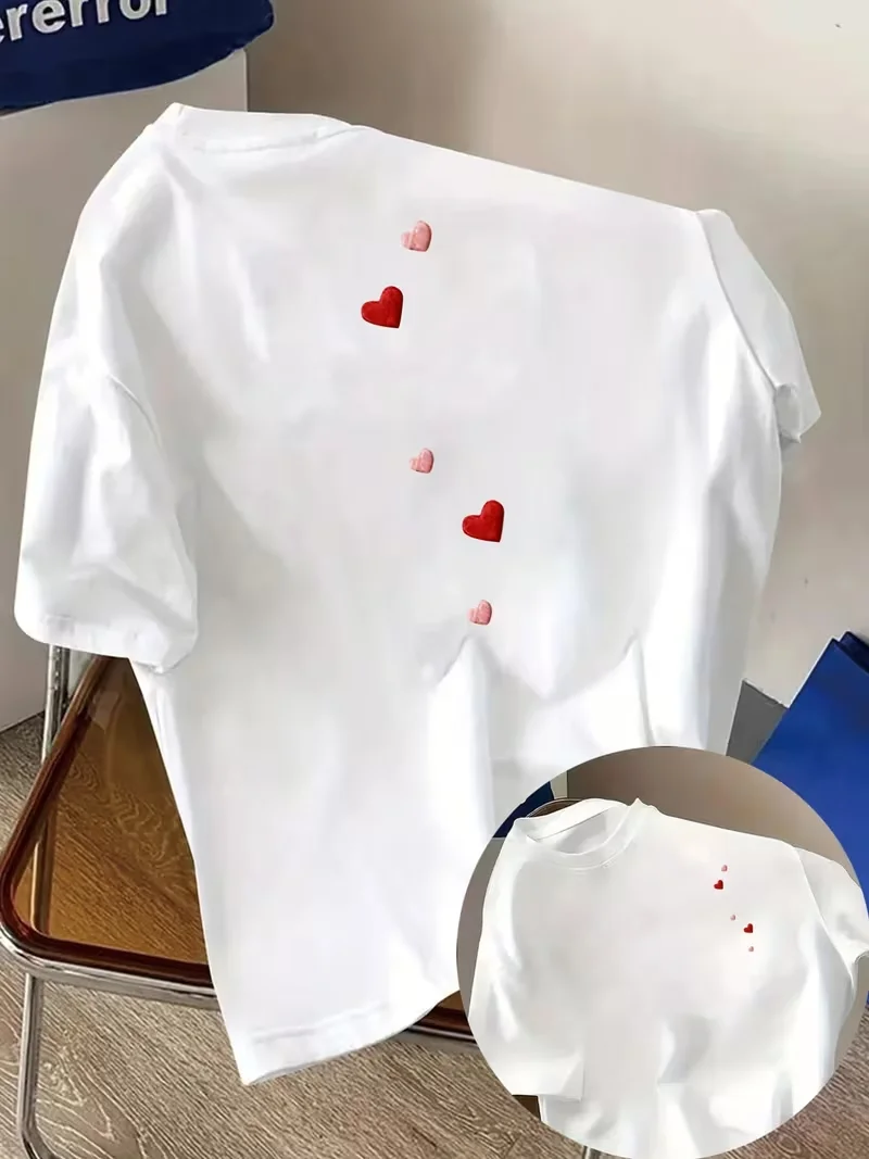 Women's Short-Sleeve T-Shirt with Heart Print - Double-Sided Love Design Round Neck Casual Top, Spring Summer Fall Casual Attire