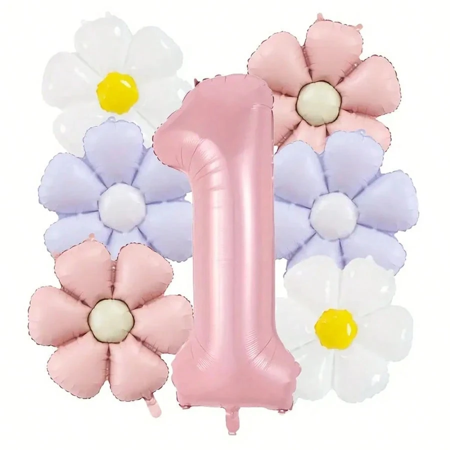 8-Piece Daisy Pink Number Balloon Set, Includes 40inch Large Pink Numbers 1, 2, 3, 4, 5, 6, 7, 8, 9, with 18inch Vintage Matte White, Pink, and Purple Daisy Decorations, Suitable for Decorating Garden Parties, Birthday Gatherings, Home Decor, and Outdoor Settings
