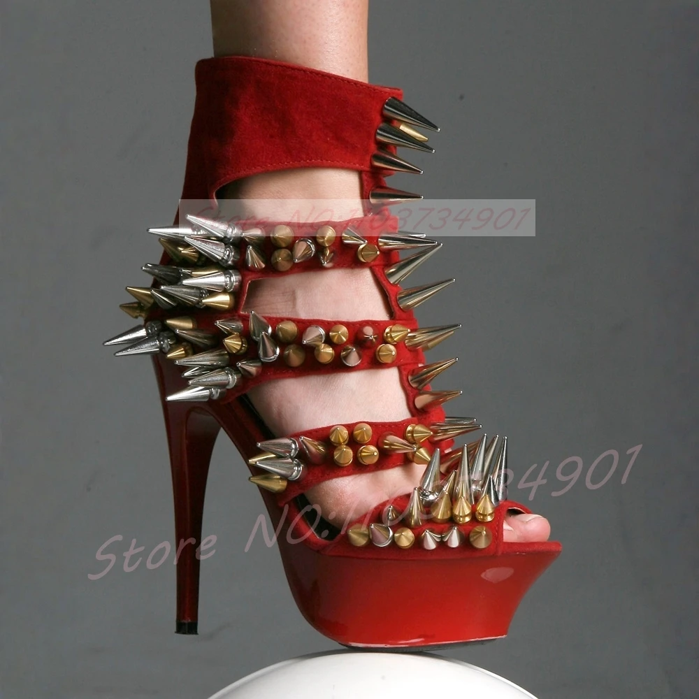Spikes Studs Red Hollow Boots Women Patent Platform Peep Toe Stilettos Heels Sandals Twotone Metal Rivet Punk Nightclub Sandals