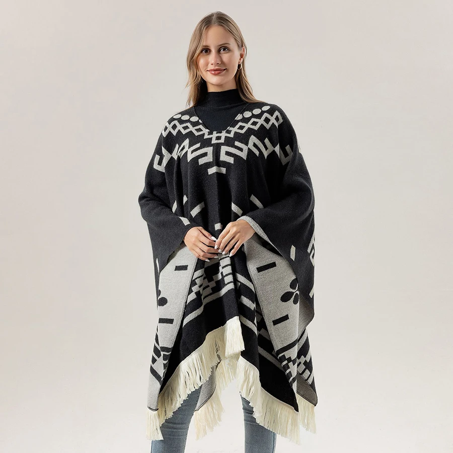 Cool Fashion Cowboy West Style Pullover Cape Unisex All Seasons Soft Acrylic Cashmere Poncho Long Wraps Overcoat Cloak Travel