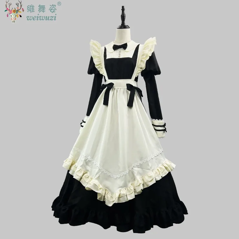

Japanese Sweet Cute Lolita Long Dress Black Sleeve Maid Dress Bow Role Playing Clothing Coffee Maid Plus Size Fancy Outfit Party