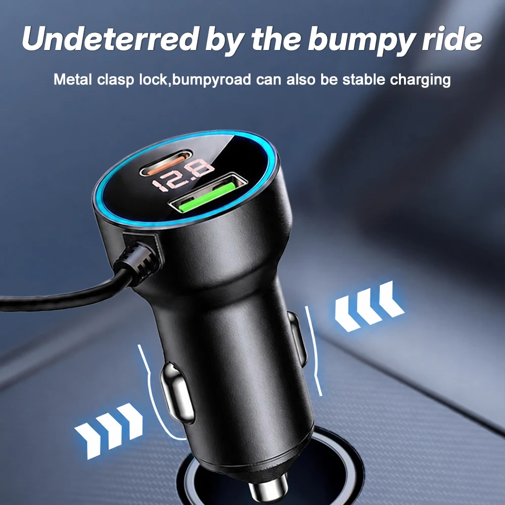 120W 5 in 1 Car Charger Fast Charging LED Voltage Display Multi Port USB Car Phone Charger Spring Wire Cigarette Lighter Adapter