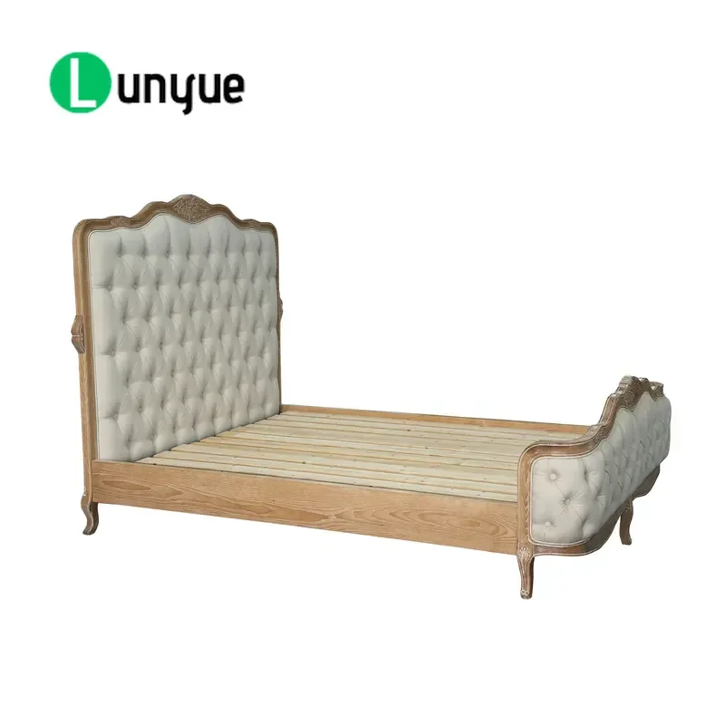 Luxury French Retro Carved Ash Wood Bed Upholstered Headboard High Footboard Solid Wood Frame Bedroom Furniture Elegant