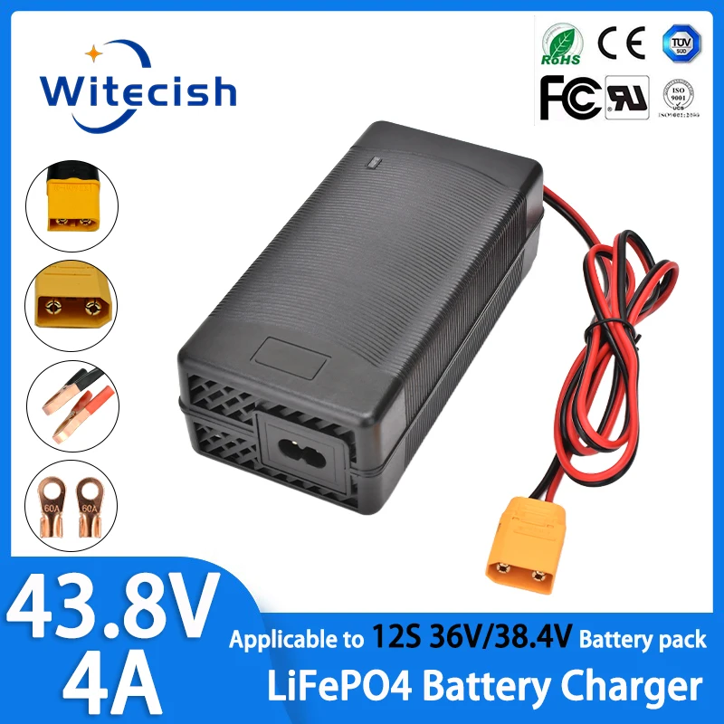

12S 36V 43.8V 4A Lifepo4 Iron Phosphate Battery Charger With a cooling fan /XT60/XT90/ clip plug For 36V/38.4V Lifepo4 Battery