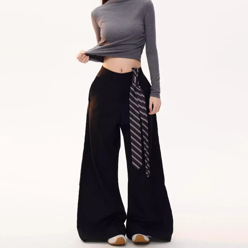 Vintage Striped Ribbon Cargo Women's Trousers 2026 Spring New Sweet Cool Straight-Leg Suit Wide-Leg Floor-Length Pants Ladies