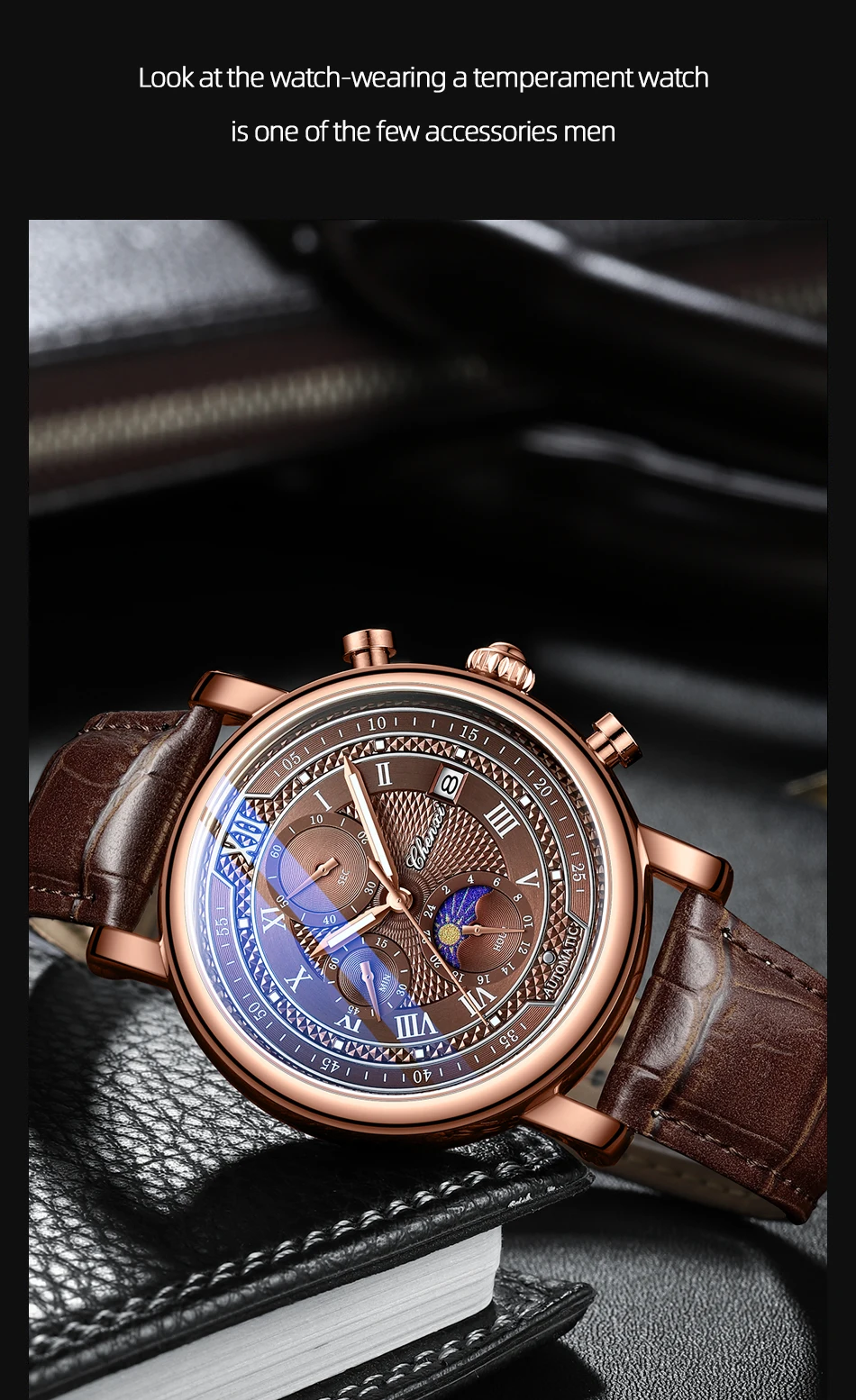 Chenxi 976 Leather Chronograph Date Men's Phase Of The Moon Timing Business Luminous Quartz Watch Relojes Para Hombres