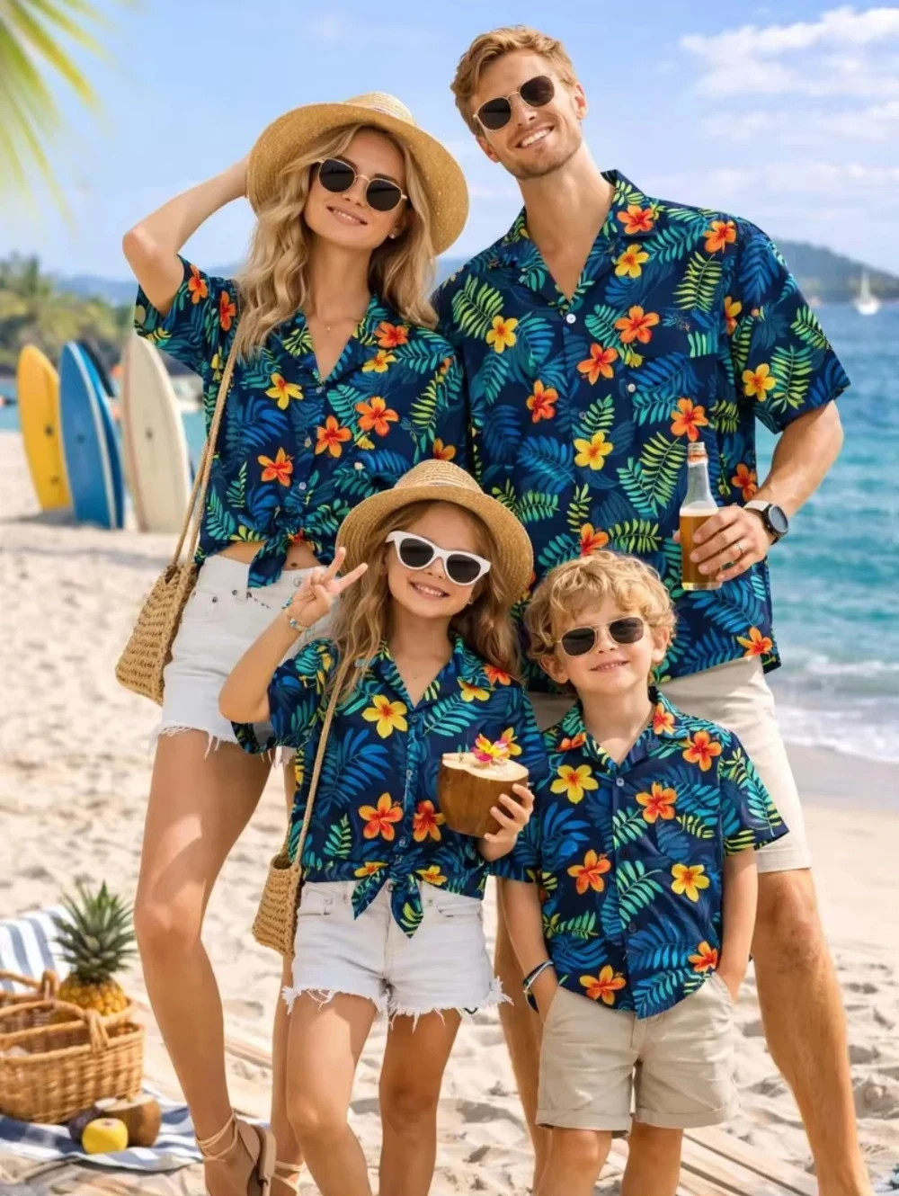 2026 Summer Hawaiian Shirt Tropical Pattern Beach Vacation Style Flower Shirts Men's Tops Women's Blouse Parent-Child Clothing