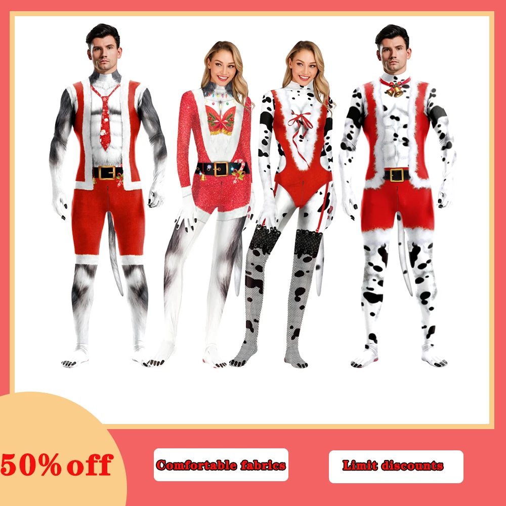 Weihnachten Santa Frauen/männer Overall Cosplay Zentai Bodysuit Frauen 3D Druck Kleidung Anzug Petsuit Tier Kostüm mit Schwanz