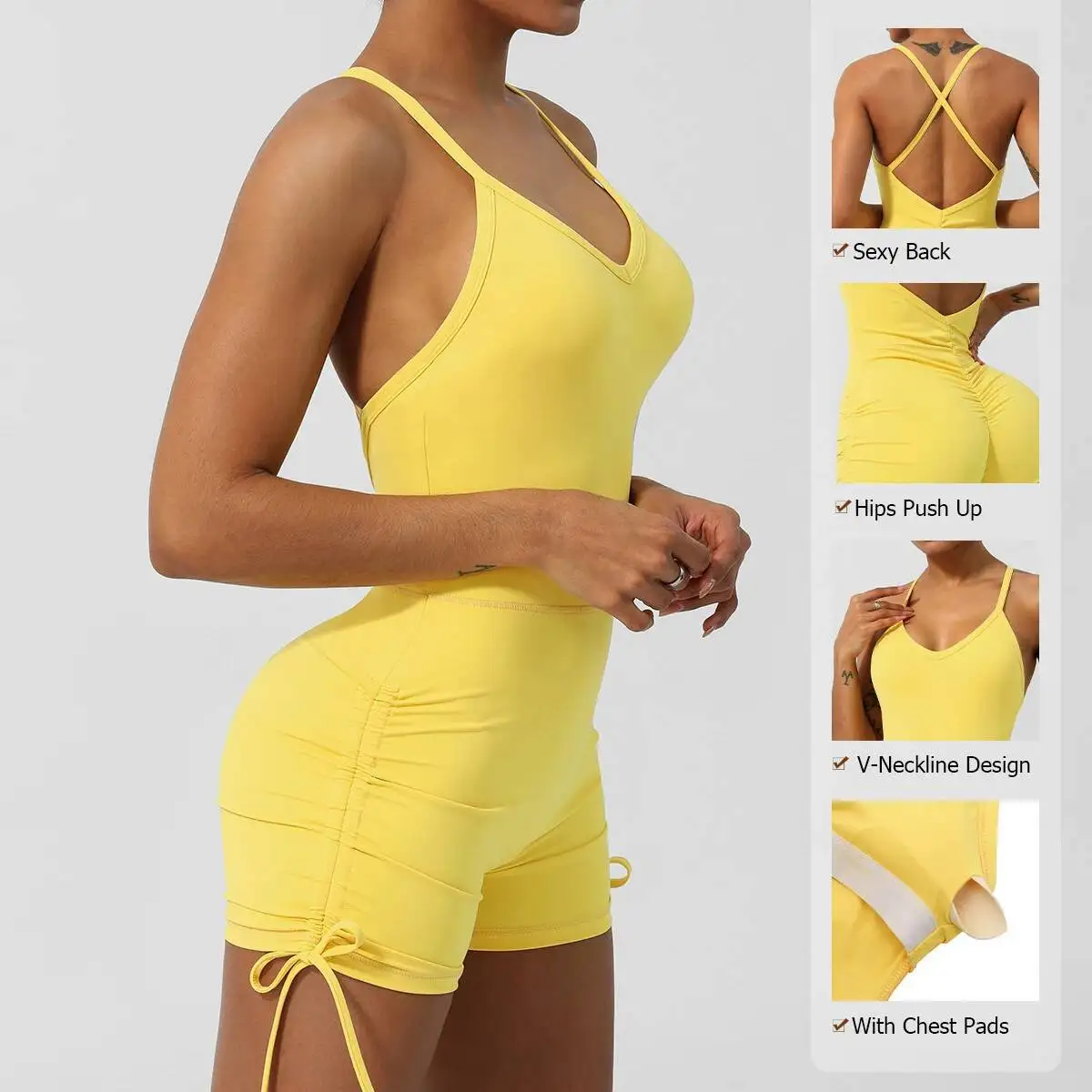 

Women Summer Fiess Yoga Set Solid Color One Piece Gym Jumpsuit Breathable Quick Dry Running Short Sprtswear Workout Clothes