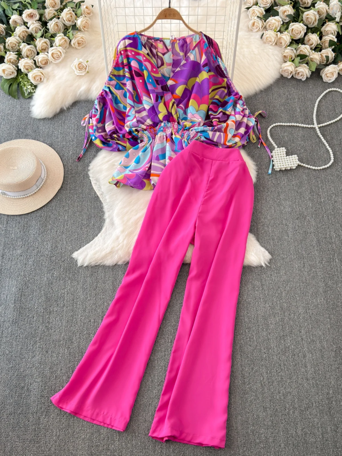 

Модный комплект из двух предметов, женские повседневные элегантные брюки ort Sve V-Ne, свободные прямые широкие брюки с цветочным принтом и цветочным принтом