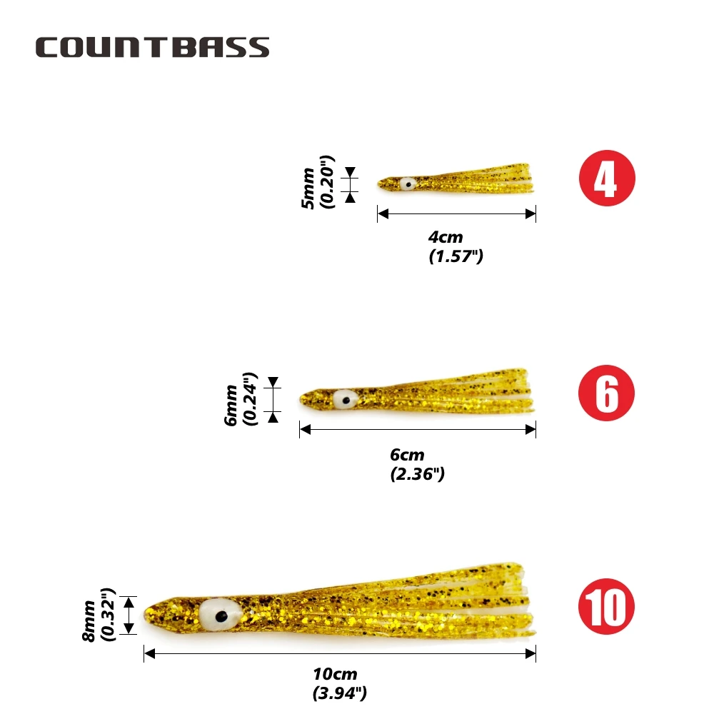 COUNTBASS 100 Stück 4cm 6cm 10cm Leuchtende Nadel-förmige Tintenfisch-Röcke, Weiche Oktopus-Köder, Angelzubehör für Jigging-Hilfsangelhaken – Detail 5