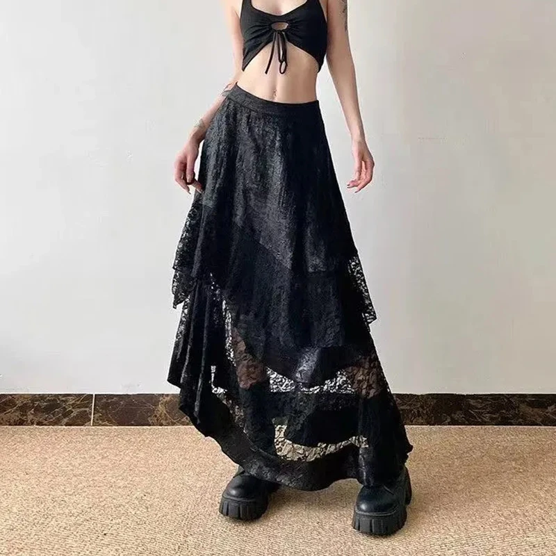 Y2K Streetwear Midi Skirt Women Vintage Harajuku Irregular Patchwork Skirts High Waist Mesh Ruffles Black A Line Hottie Skirt