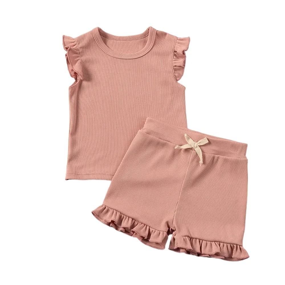 Summer Solid Colour Toddler Sleeveless Set Girls Dash Sleeve Top + Shorts Elastic Waist Clothing Set 2pcs Ruffles Kids Clothes